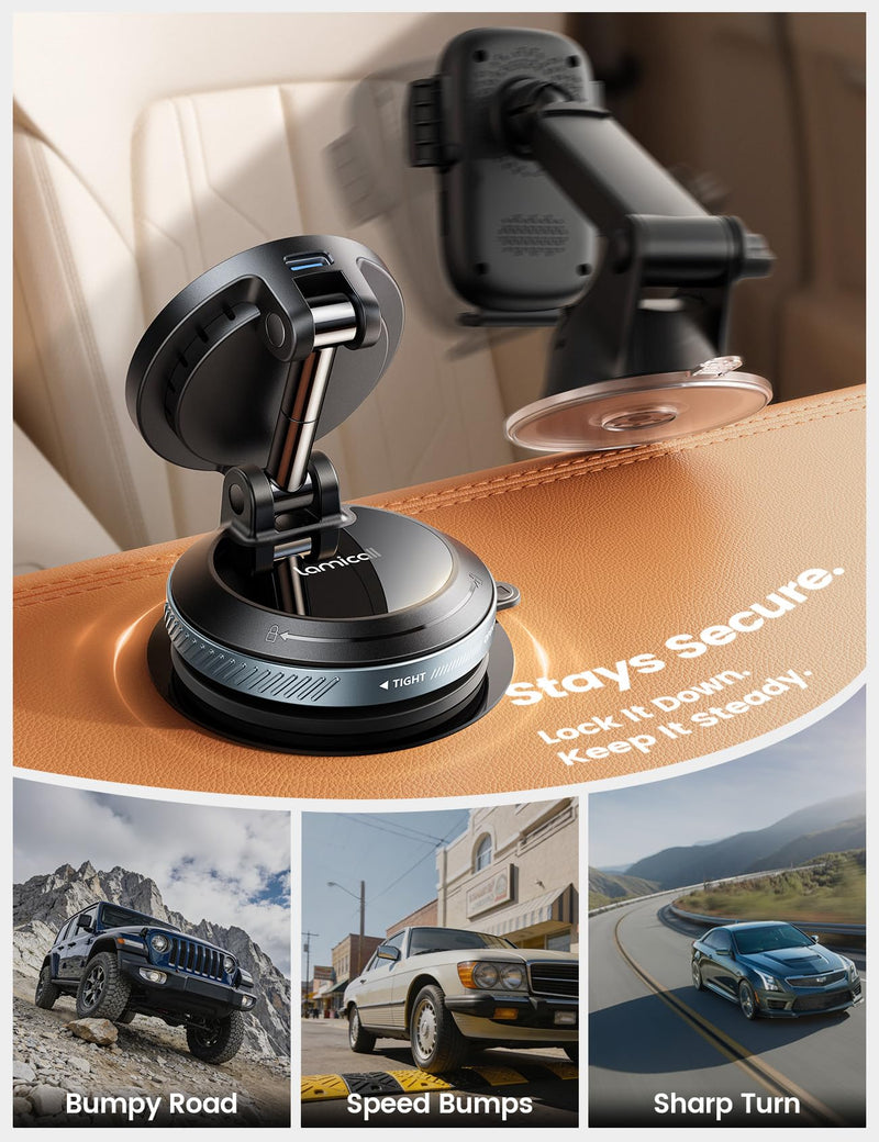 Lamicall 15W for MagSafe Car Mount Charger, 360° Wireless Car Phone Holder | Dual USB-C Ports Magnetic Phone Holder for Car, 70 LBS Vacuum Suction Phone Mount for iPhone 17 16 Pro Max Truck Jeep Black 64 mm