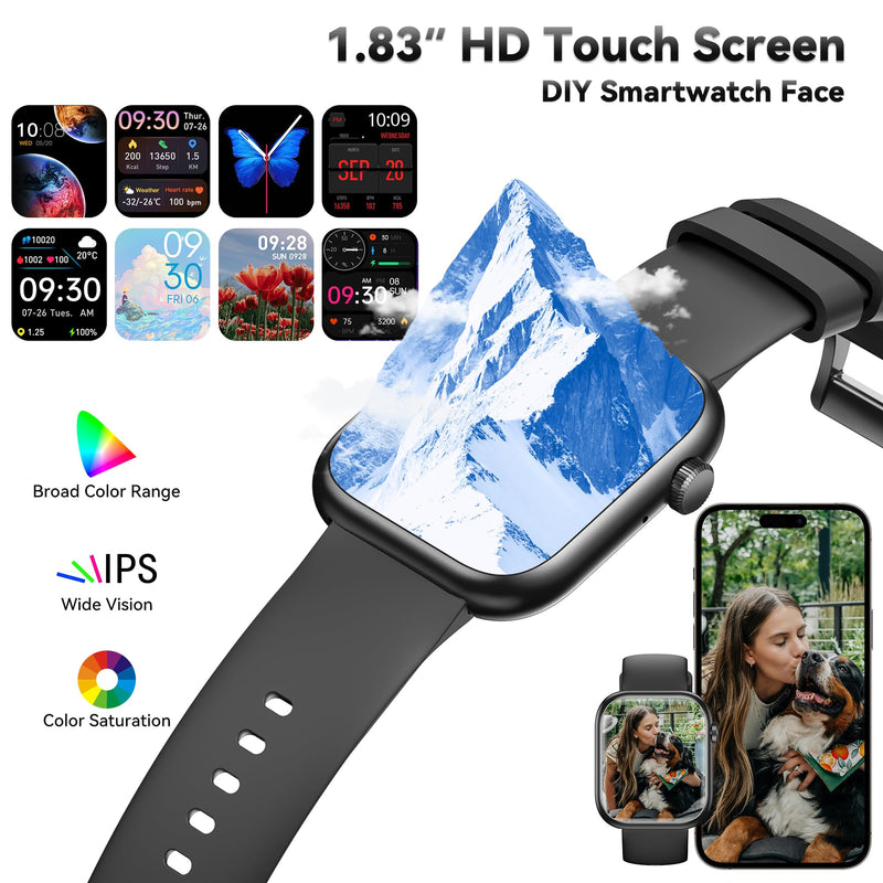Smart Watch for Men Women(Answer/Make Call), 1.83" Fitness Watch with Heart Rate/Blood Pressure/Blood Oxygen, Pedometer, Sleep Tracker,120+ Sport Modes, IP68 Waterproof Fitness Tracker for Android iOS Black