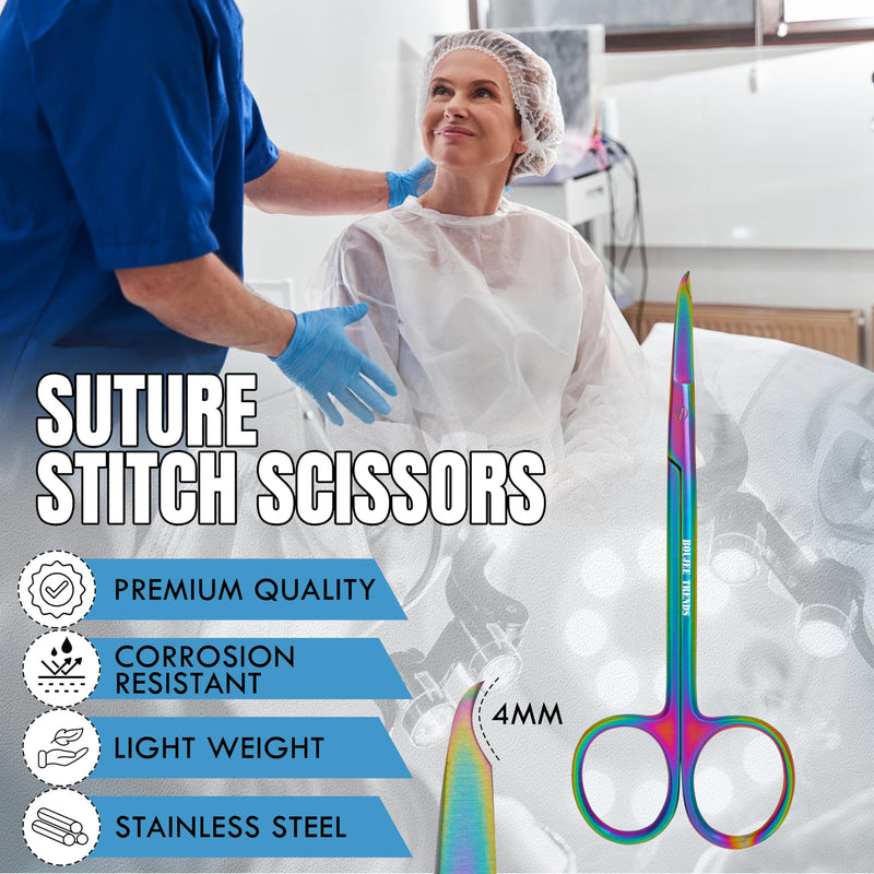 Suture Stitch Scissors with Multicolor/Rainbow Titanium Coating - Premium Quality Instrument- Delicate Hook - Perfect for Suture Removal, First Aid, EMS Training and More (13cm) 13cm