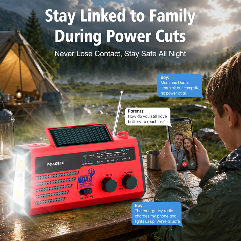 Peakeep NOAA Emergency Weather Radio Alert with Crank Solar Battery Powered | Portable Radio AM FM, Rechargeable Battery Backup, SOS, Flashlight Lamp USB Port for Home Outdoor Camping Storms Blackouts Red with Black