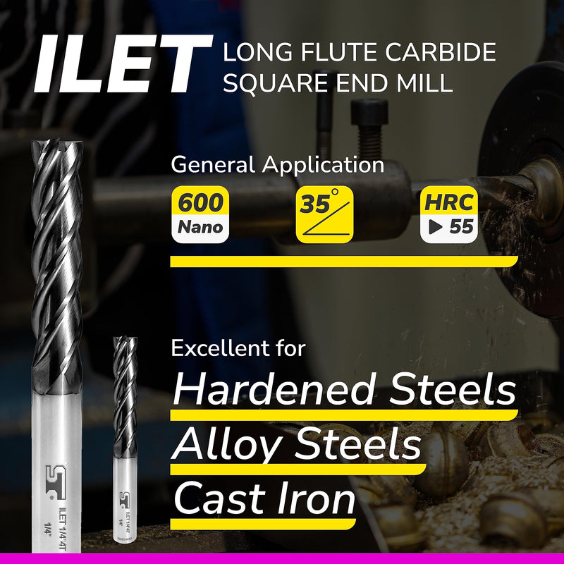 SPEED TIGER Micrograin Carbide Square Long Flute End Mill - 5/16" Diameter 1-1/4" Flute Length, 4" OVL, 4 Flutes - ILET (1 Piece, 5/16") - for Alloy Steels, Hardened Steel & Metal– Mill Bits Sets 5/16 in