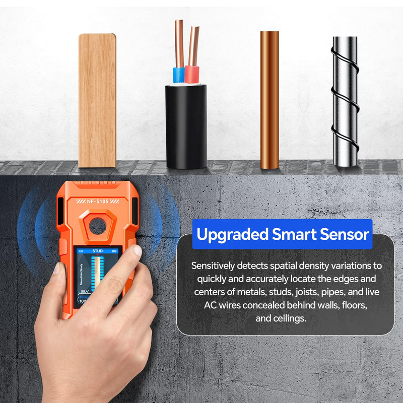 NOYAFA Rechargeable Stud Finder Wall Scanner, 6 in 1 Electronic Wall Detector | Positioning Hole HD LCD Display, Audio Alarm, Accurately Detects Wood, Metal Studs, Live AC Wires, Joists and Pipes Orange