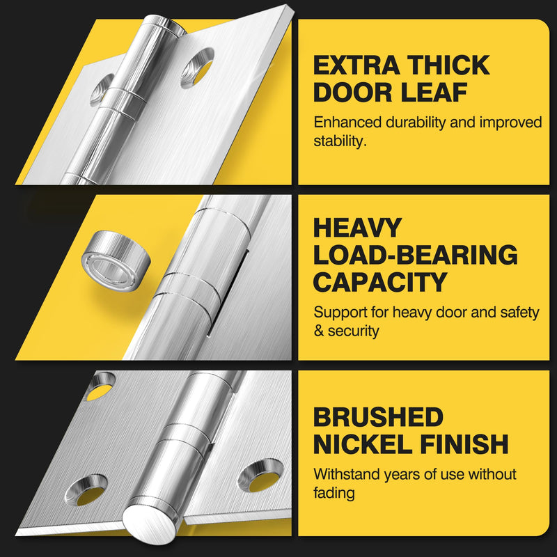 KOLET Ball Bearing Door Hinges, 3.5 x 3.5 Inches Door Hinges, Square Corner Heavy Duty Hinges, Stainless Steel Hinges, No Squeak and Non Removable Pin, Brushed Nickel, 3 Pack Silver