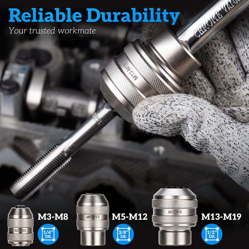 3 Piece Tap Socket Set for Ratchet Wrench - 1/4" 3/8" 1/2" Drive, Fits Taps, Reamers, Extractors with Square Shank (M3-M19),Cr-Mo Steel