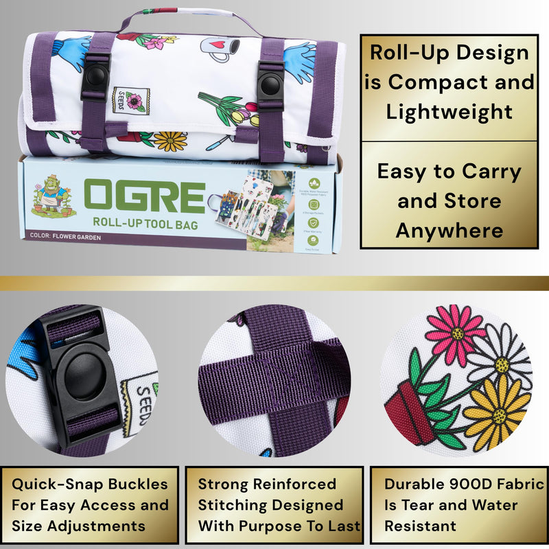 Garden Tool Bag, Roll-Up Garden Tool Holder with Deep Pockets | 900D Polyester Heavy Duty Gardening Tote | Compact Washable Organizer for Tools, Seeds, and Essentials (Tools Not Included) Flower Print