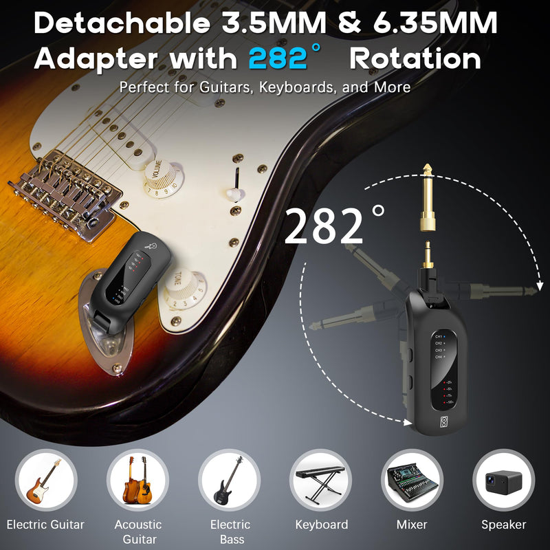 5.8GHz Wireless Guitar Audio System - Rechargeable Transmitter and Receiver with 4 Channels, Low Latency and Over 164ft Long Range Transmission, Compatible Guitar Bass Electric Instruments