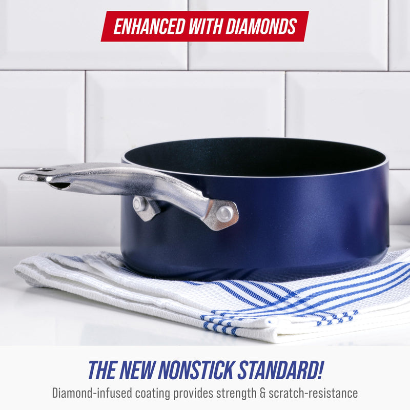 Blue Diamond Nonstick 2QT Saucepan with Lid, Non Toxic PFAS-Free Diamond Ceramic, Dishwasher & Oven Safe, Metal Utensil Safe Pot, Stay Cool Handle, Chef Pan, Glass Lid, Blue 2 Quart Saucepan