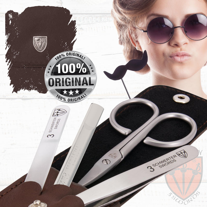  [AUSTRALIA] - 3 Swords Germany - brand quality 3 piece stainless steel INOX manicure pedicure grooming kit set for professional finger & toe nail care scissors file tweezers genuine leather case in gift box (03874) BROWN
