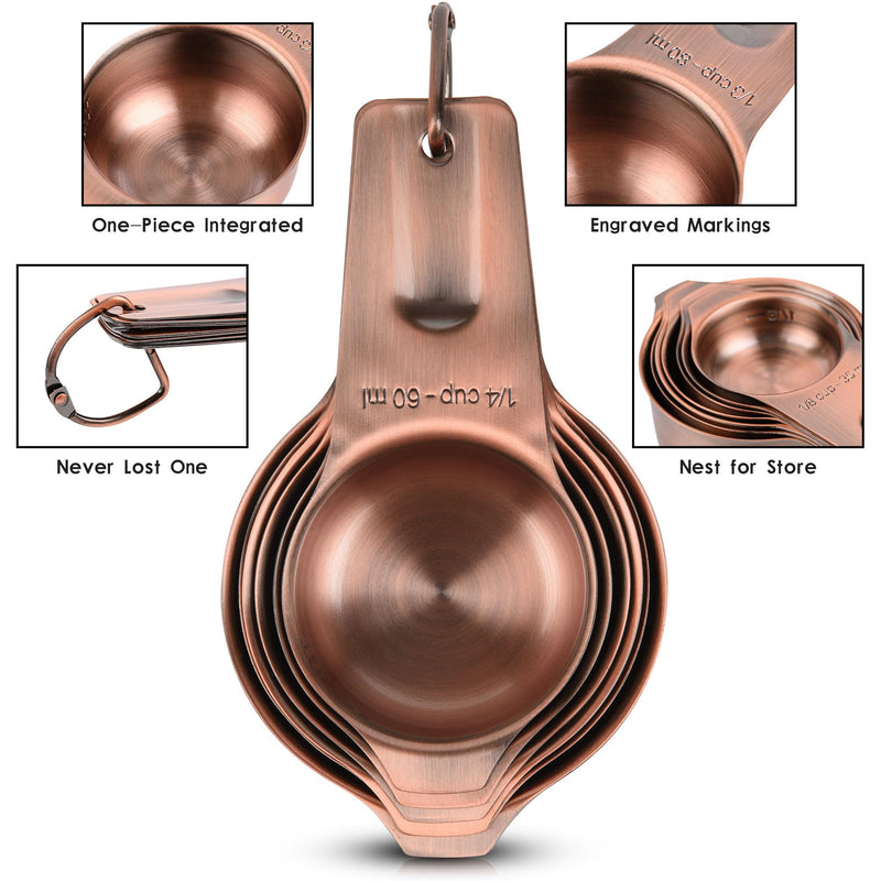Copper Measuring Cups and Spoons Set 14, Stainless Steel Measuring Cups and Spoons set for Kitchen & Baking, 7 US & Metric Measure Cups & 6 Long Handle Spice Measuring spoons & 1 leveler Copper
