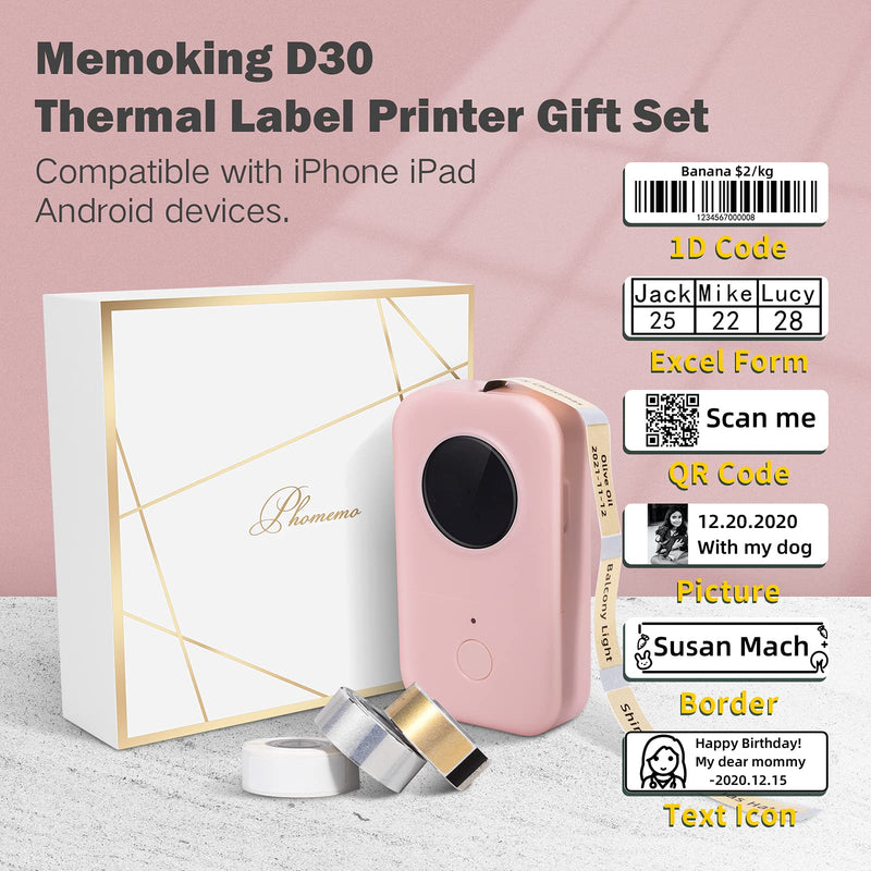 Mini Label Maker - D30 Thermal Bluetooth Label Printer, Mini Rechargeable Label Maker Machine, Portable Sticker Maker Printer, with Label x 3, Compatible with iOS Android for Home Office,Pink Pink 1 Printer + 3 Rolls Label