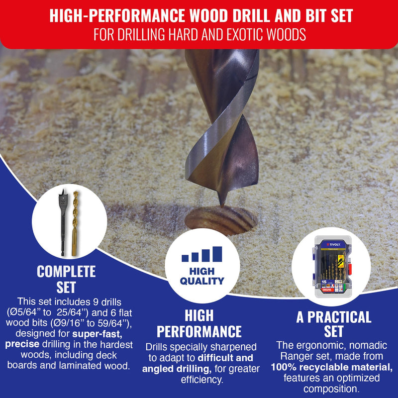 TIVOLY - Drills + Wood Bit Set - for Hardwood Drilling - 15 Piece Kit : 9 HSS SpeedPoint Drills Ø 5/64" to 25/64" + 6 Flat Bits Ø 9/16" to 15/15"