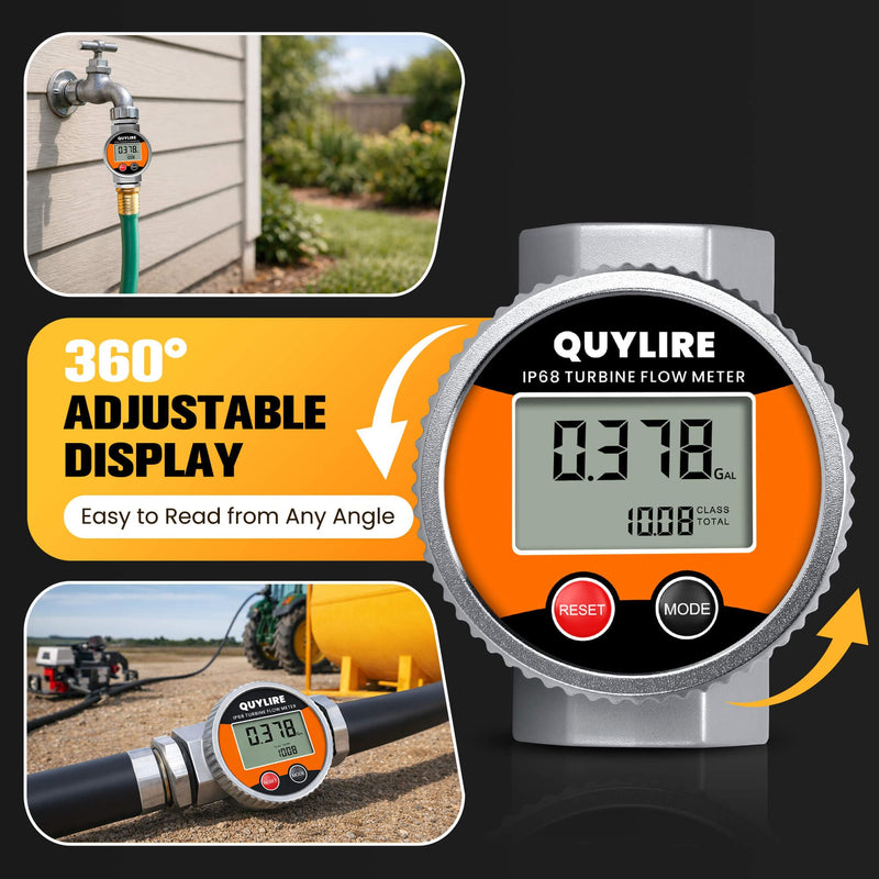 Waterproof 1 Inch Fuel Flow Meter with 3/4" NPT Adapter, 2-26 GPM Digital Inline Flowmeter for Hot/Cold Water, Diesel, Gasoline, Oil & Liquids, Supports Gallon, Liter, GPM, LPM, m³, QTS, PTS 3/4 & 1 inch