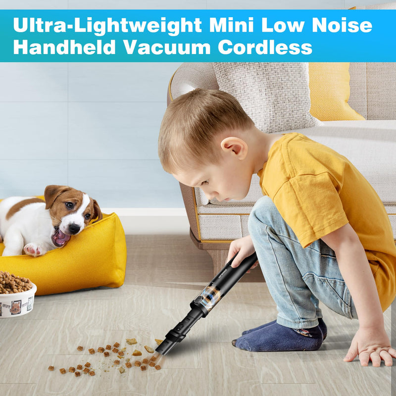 Handheld Vacuum Cordless, Upbooz Portable Car Vacuum, 14000PA Powerful Suction Vacuum Cleaner with LED Light and Air Duster 2 in 1, Low Noise Rechargeable Mini Hand Held Vacuum for Car Home Pet Office Black