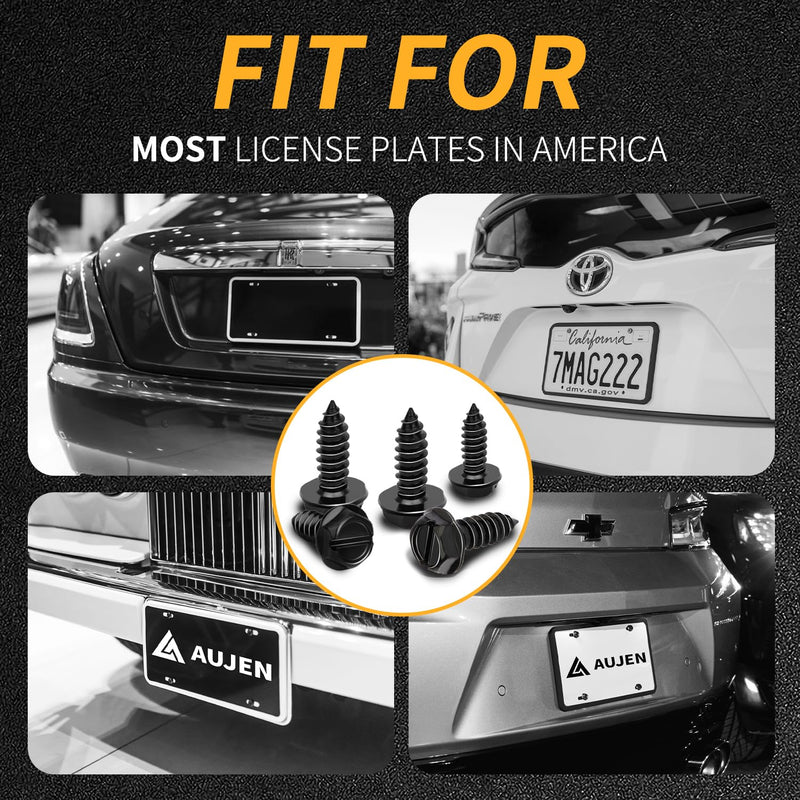 Aujen License Plate Screws, Rustproof Stainless Steel License Plate Screw Kit, Suitable for Screw Holes Size of 3/4" x 1/4" License Plate Bolts, Black License Plate Screws for Most Vehicles (8 Pcs)
