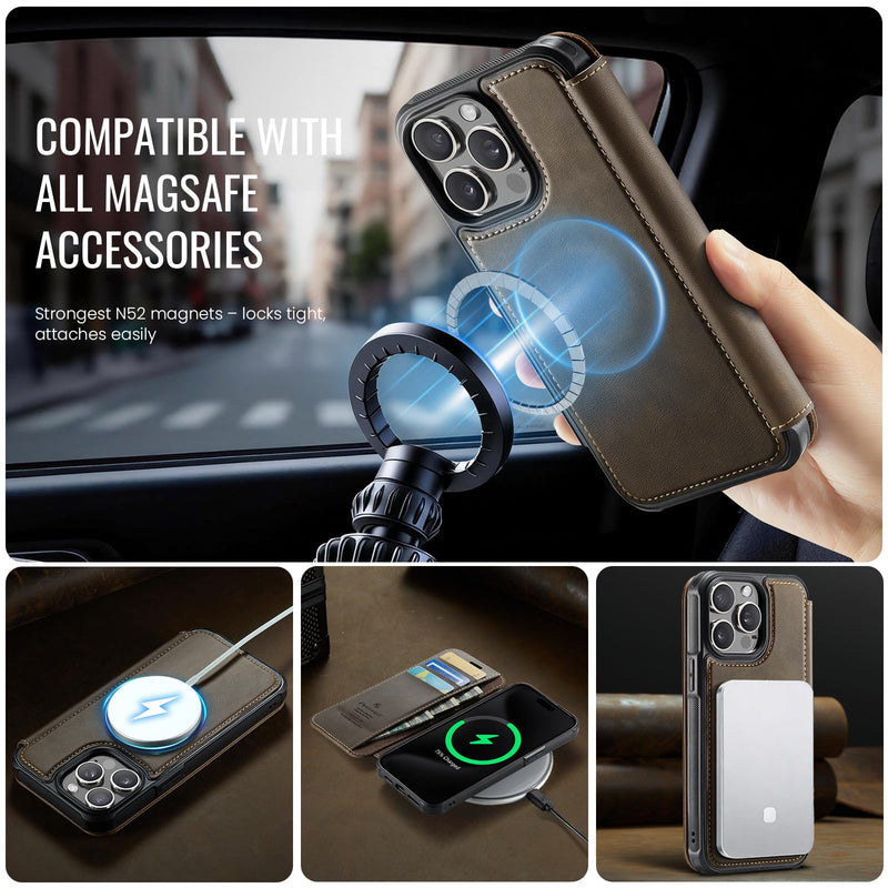 for iPhone 15 Pro Max Slim Wallet Case Wireless Charging, Brown | Compatible with Magsafe, RFID Blocking Card Holder, Magnetic Closure, Shockproof, PU Leather, Phone Flip Cover, for Men Women for iPhone 15 Pro Max