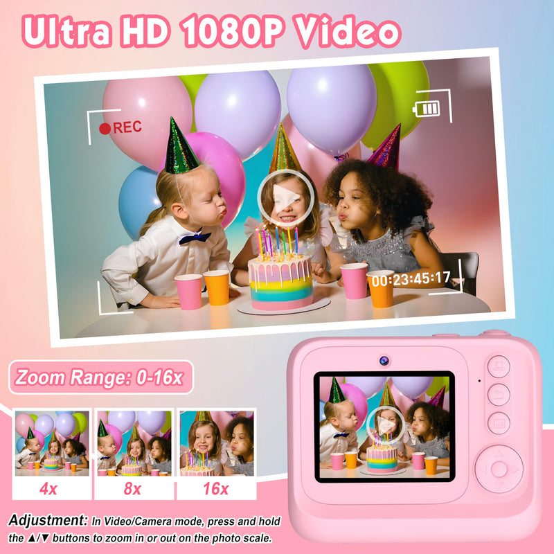 Kids Camera, Upgrade Kids Camera Instant Print, Front Rear Dual Selfie Digital CAM with 1080P Videos, Portable Travel Toy with Games and Music, Christmas Birthday Gift for Boys, Girls and Teens Pink