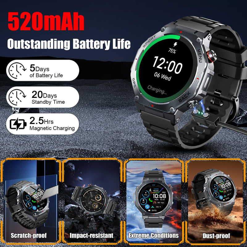 Jugeman Military Smart Watch for Men GPS with LED Flashlight-Dark Black | 1.43" AMOLED Display, 5ATM Waterproof, Compass, Fitness Tracker, Heart Rate/Sleep/Blood Oxygen, Watches for Android/iPhone