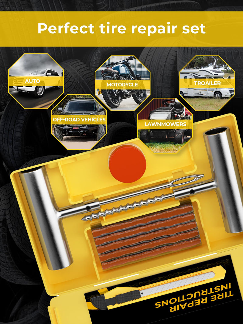 Tire Repair Kit with Plugs Fix Punctures & Plug Flats with Ease - Heavy Duty Flat Tire Puncture Repair Kit for Car, Motorcycle, ATV, UTV, RV, Trailer, Tractor, Jeep, Etc