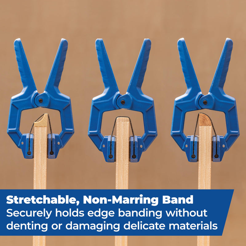 Kreg Edge Band Spring Clamp - One-Handed Edge Banding Clamp with Stretch Band - Non-Marring with Pivoting Jaws for Uniform Pressure Glue-Ups - For Cabinetry, Trim & More - Set of 4