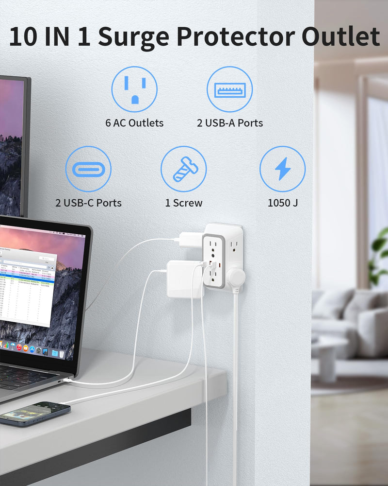 Outlet Extender 6 AC Surge Protection 1050J,Wall Charger 2 USB A&2 USB C | Multi Plug Wall Outlet,6 Outlet Splitter,3-Sided Power Strip,Wide Space Wall Adapter for Home Office Kitchen Travel 1 pack