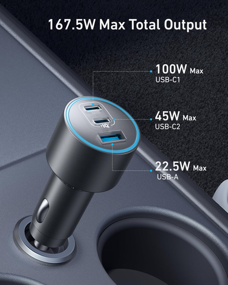 Anker 167.5W Max 3-Port Ultra-Compact USB C Fast Charging Car Charger | Fast Charging Adapter for MacBook Pro / Air, iPhone 17 / 16 / 15 Series, Samsung S25, iPad Pro, AirPods, and More