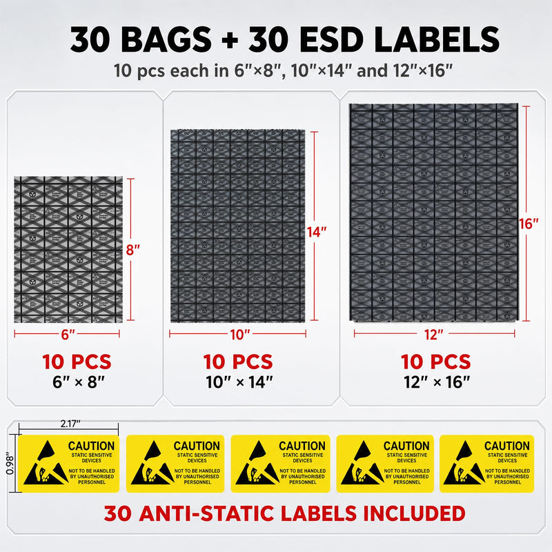 Open Top Antistatic Bags 30pcs 12x16,10x14,6x8in ESD Anti Static Bags | For Motherboard Video Card LCD Screen GPU Hard Drive Electronic Device, with Anti-Static Labels 6"x8" /10"x14" /12"x16" 30PCs