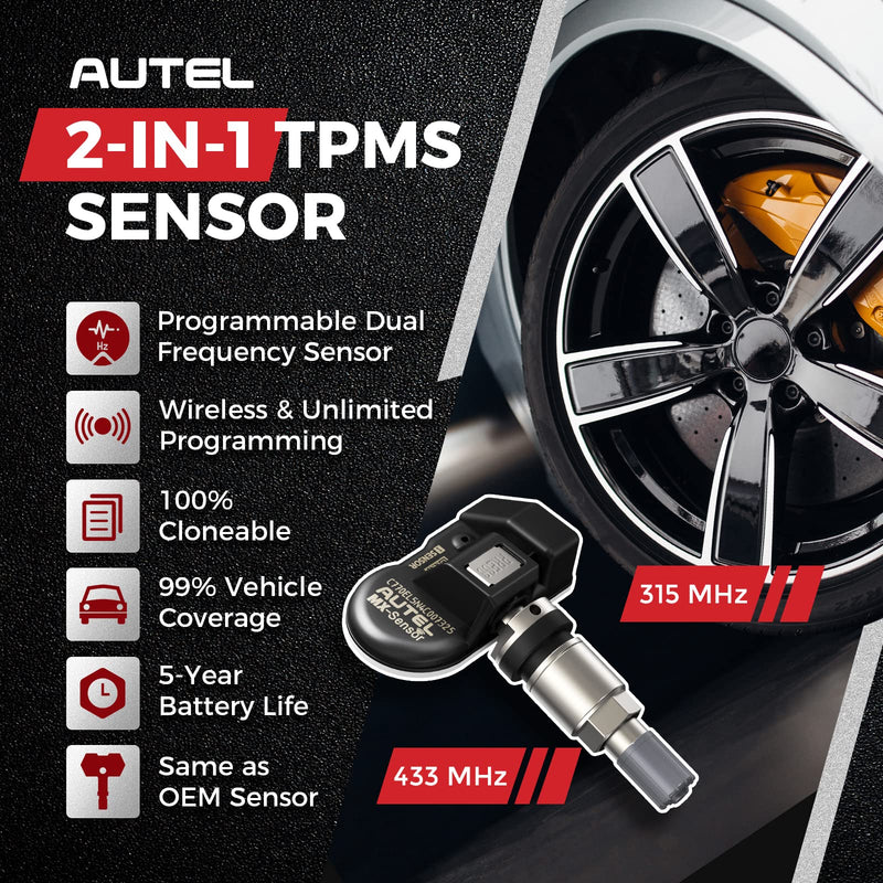 Autel TPMS Sensor 1-Sensor, MX-Sensor 315MHz + 433MHz Metal Valve, Programmable Universal Specially Built for OEM Sensors Replacement, Work with Autel TPMS Tool TS408S TS501 PRO TS508WIFI MK808S-TS