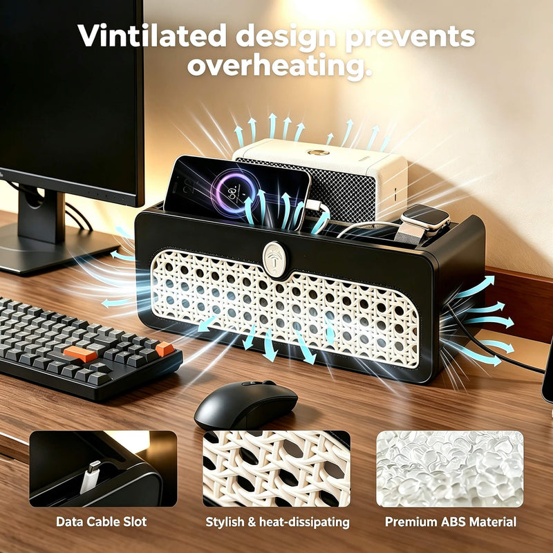 Faux Rattan Cable Management Box, Black | Decorative Power Strip Cover with Lid, Large Cord Organizer, For Surge Protector