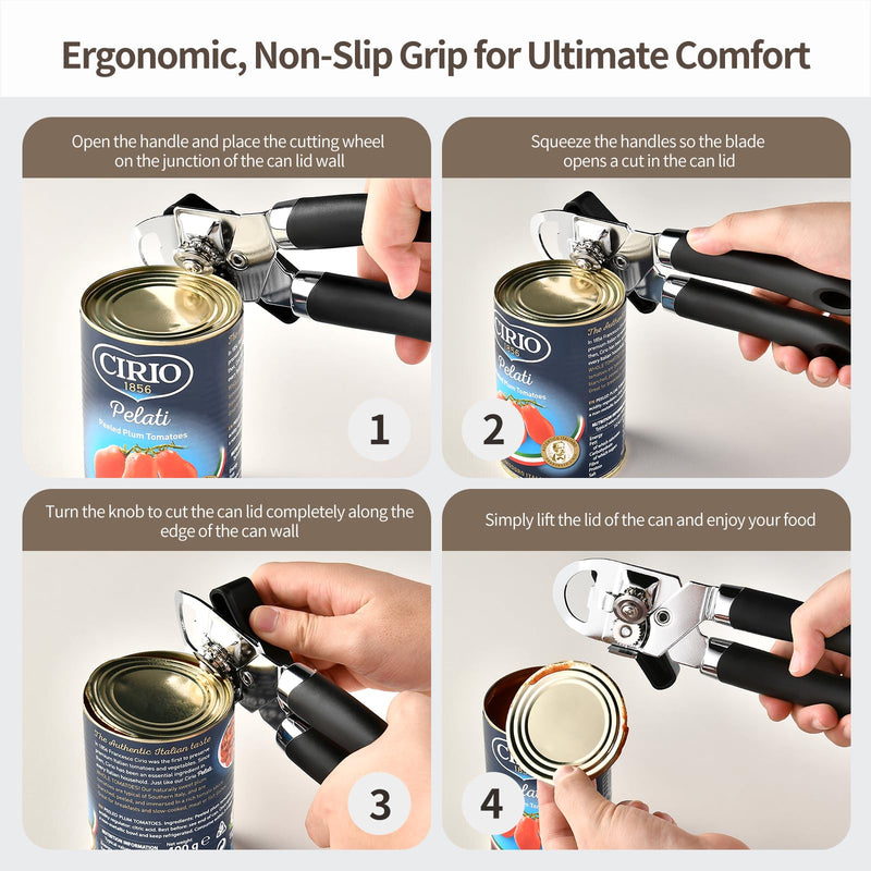 Classic Multifunction Can Opener and Bottle Opener Easy to Use, Razor Sharp Stainless Steel Cutting Wheel, Soft Ergonomic Handles, Black ﻿