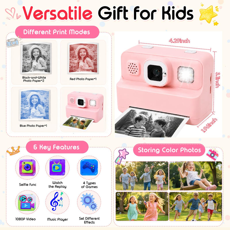 Instant Print Camera for Kids, 1080P Kids Camera Instant Print, Christmas Birthday Gifts for Kids Girls Age 3-12, Toddler Toy for 3 4 5 6 7 8 9 10 Year Old with 4 Roller Photo Paper (Pink) Pink