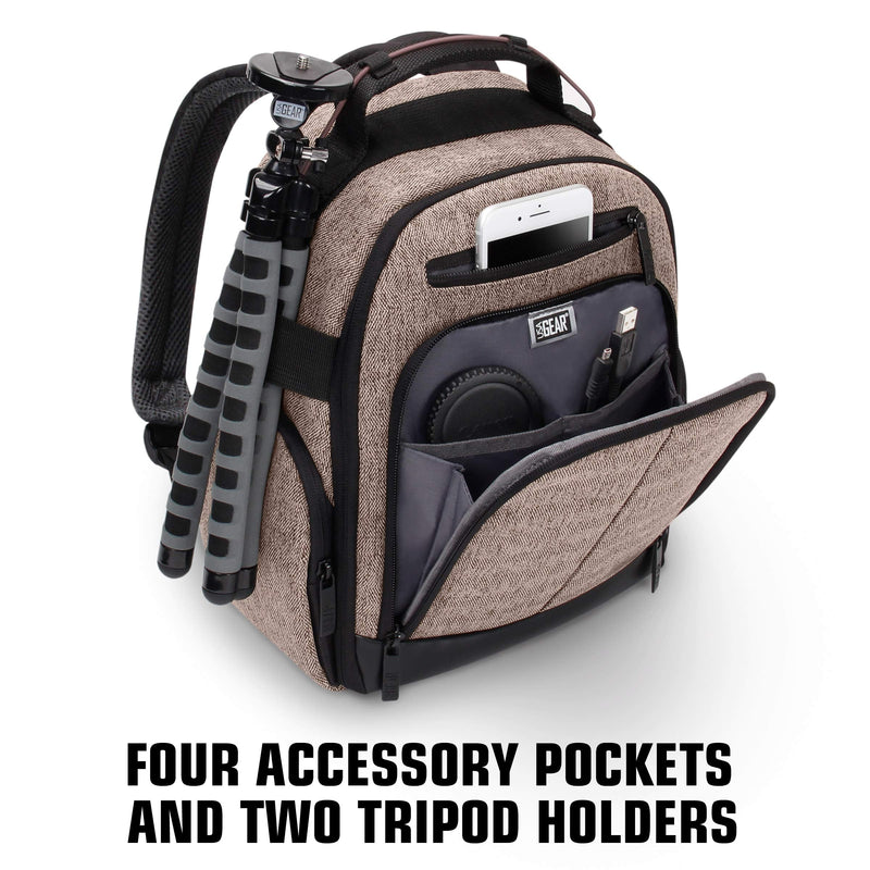 USA Gear Portable Camera Backpack for DSLR with Customizable Accessory Dividers, Weather Resistant Bottom and Comfortable Back Support - Compatible with Canon, Nikon, Sony, Fujifilm, and More (Brown) Compact Brown