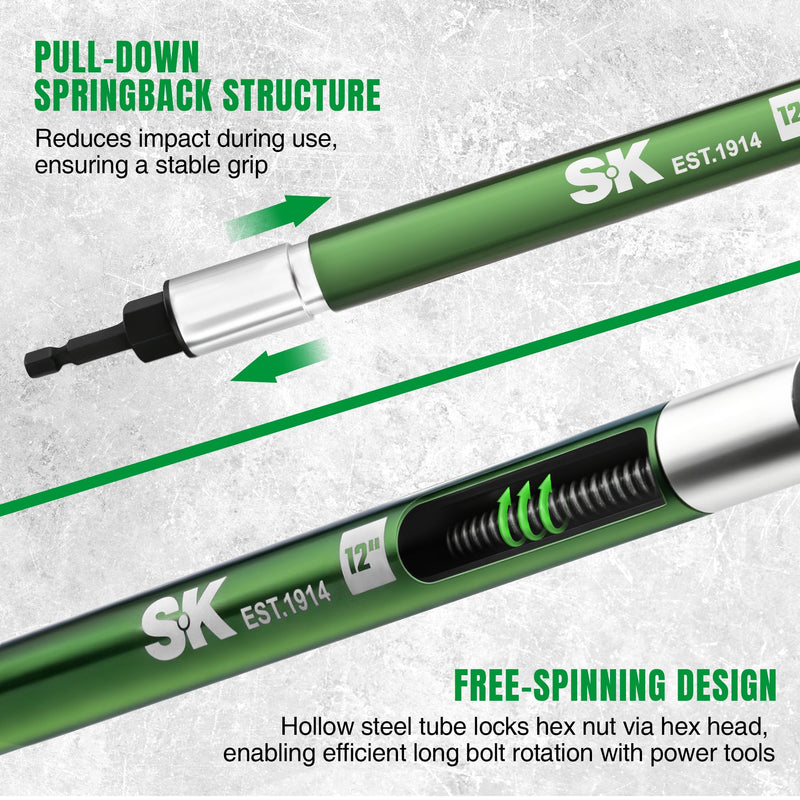 SK 9/16" Impact Nut Driver, 12-Inch Long Aluminum Hollow Shaft for Long Bolts, Free-Spinning Pull-Down Springback Design, 1/4'' Hex Shank Power Nut Setter with Ball Detent Locking Socket 12 in