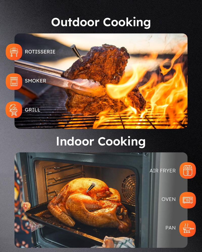 Wireless Meat Thermometer with App Control, 600FT Bluetooth Range, Dual Probes & 6 Sensors, 0.5S Instant Read, LCD Display, IP67 Waterproof Real-Time Monitoring & Smart Alerts for BBQ, Grill, Oven Black