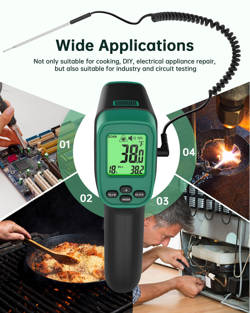ERICKHILL Infrared Thermometer Gun, Dual Mode IR Laser Thermometer with -50°C~800°C and Meat Probe (-50°C~300°C), Non-Contact Digital Thermometer for Cooking, BBQ, and Industrial Use IR Thermometer & Probe