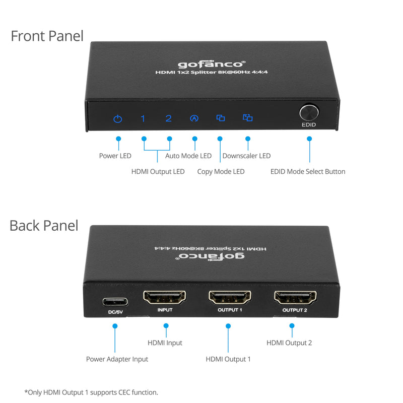 gofanco 8K 60Hz 1x2 HDMI Splitter – 8K @60Hz 444, 4K @144Hz/120Hz, 1080p @240Hz, VRR, ALLM, CEC, Auto Downscale, HDCP 2.3/2.2/1.4, EDID, HDR10/HDR10+, LPCM/DTS/DD/Atmos (HDsplit8K-2P) 1x2 8K 60Hz HDMI Splitter