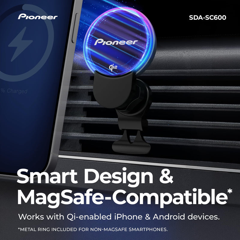 Pioneer Qi2 MagSafe Wireless Car Charger and Phone Mount | MagSafe Compatible, Air Vent Mount, Cooling Fan, RGB Illumination, Includes Metal Ring MagSafe Wireless Charger with Fan