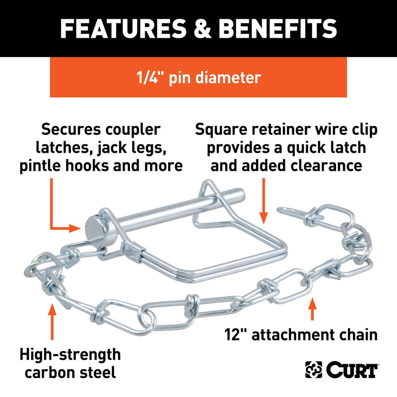 CURT 25012 Trailer Coupler Pin with 12-Inch Chain, 1/4-Inch Diameter x 2-3/4-Inch Long Pack of 1