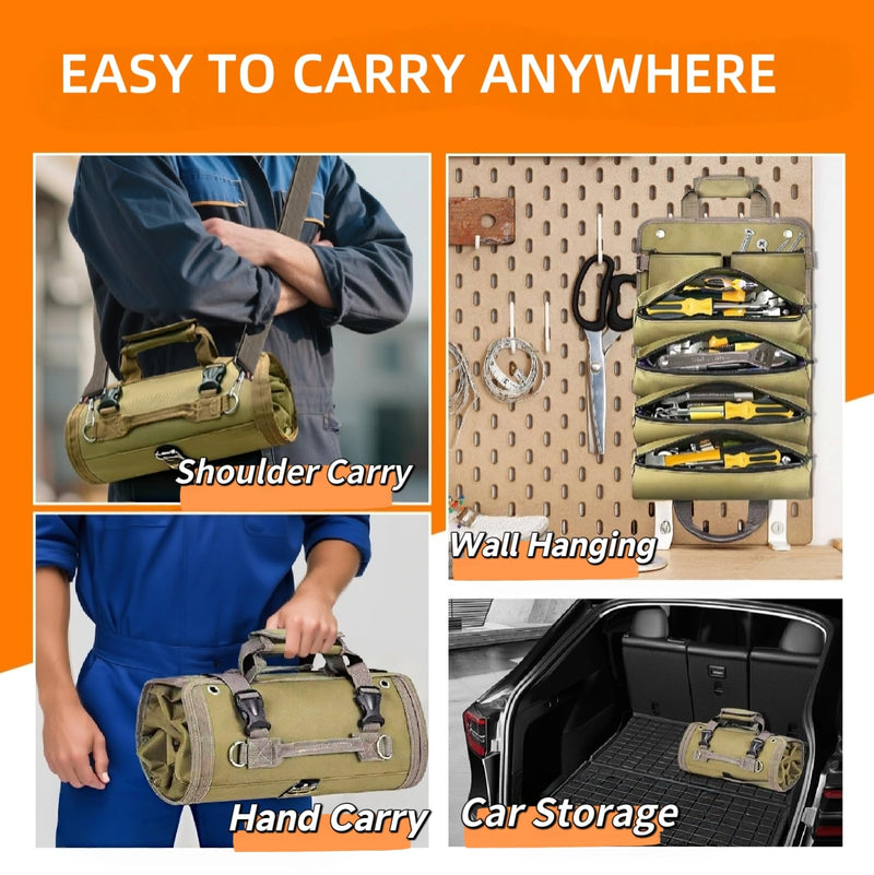 Tool Bag Roll Up Portable Tool Roll Organizer-Gifts Dad Roll-Up Tool Bag Pockets for Wrenches, Sockets & Hand Tools for Mechanics & Electricians Handyman Khaki