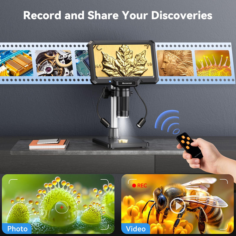 7" LCD Digital Soldering Microscope with Remote and Side Lights | For soldering and PCB inspection. 7" screen, remote and 2 side lights help reduce shake and shadows.