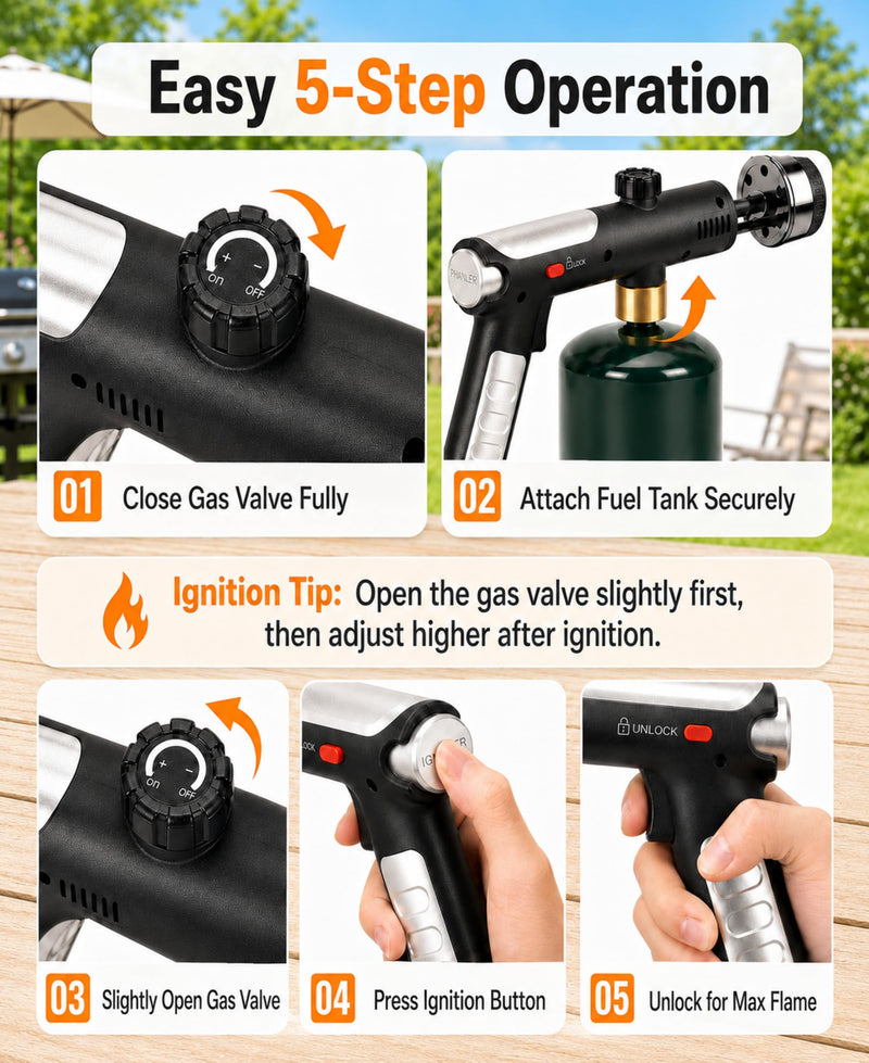 Propane Torch Gun, Flame Thrower Grill Gun, Adjustable to 3272°F | BBQ & Charcoal, Campfire, One-Tap Max Power & Safety Lock, Sears Steak, Food, Outdoor, Self Ignition, Tank Not Included Matte Black(pro)