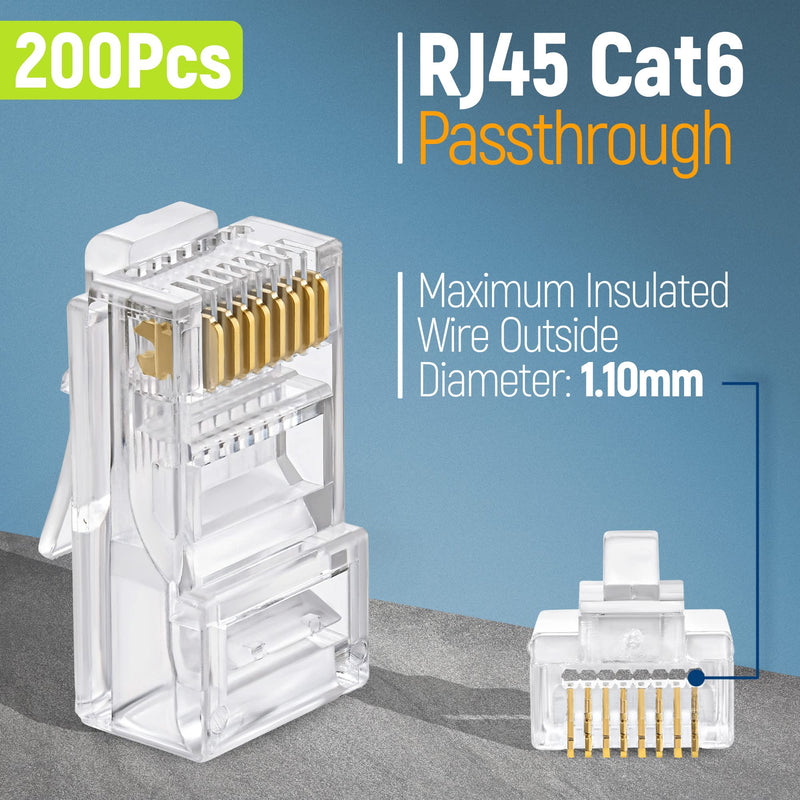 Everest Cat6 RJ45 Pass Through Connector 200-Pack - EZ Cat 6 Pass Through RJ45 Connectors - cat 6 connectors - Ethernet Connector - Ethernet Plug - for Solid or Stranded UTP Network Cable Quantity 200