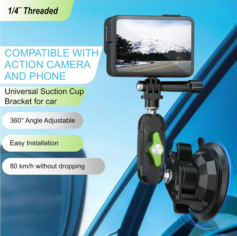 Multi-Purpose Cell Phone and Action Camera Holder for Insta360, Gopro, iPhone with Strong Suction Cup and Aluminum Alloy Double Ball arm.