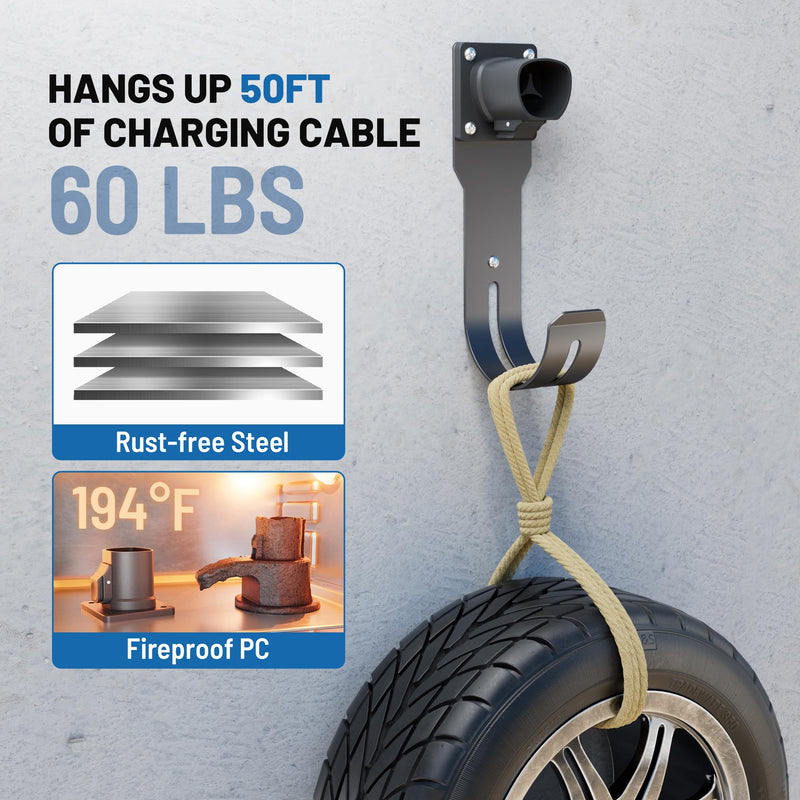MECMO for Tesla Charger Holder - Wall Mount Dock & J-Hook for Model 3/Y/X/S, Heavy Duty Steel EV Charging Cord Hanger Compatible with NACS Connector