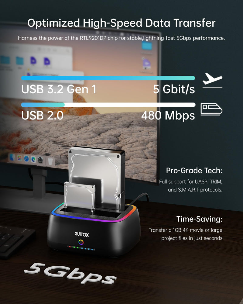 Dual Bay SATA Hard Drive Cloner Dock USB C 5Gbps | 2.5" 3.5" | 40TB | HDD SSD Docking Station, Offline Duplicator External Data Reader Storage Backups Recovery RTL9201DP RGB Light for Laptop PC Black [STK11 6Gpbs Dual Bay SATA Dock]