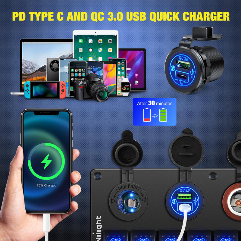 Nilight 8 Gang Rocker Switch Panel Waterproof Aluminum Marine with PD Type C & USB Charger Cigarette Lighter Socket Voltmeter Inline Fuse 12V 24V ON Off Pre-Wired Switches for Car Truck Boat Blue 8+4 Gang Type C +USB