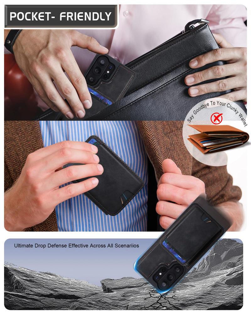 Magnetic Detachable Wallet Case for Samsung Galaxy S23 Ultra with Kickstand,2-in-1 MagSafe Compatible RFID Blocking Card Holder,Slim PU Leather Cover Black
