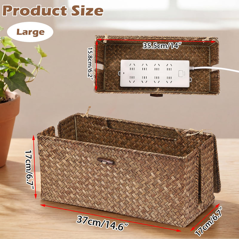 BTSKY Woven Cable Management Box with Lid, Seagrass Cord Organizer with 2 Open Slots for Power Strips & USB Hubs, Under Desk Cord Hider Box for Home Office, Pet Proofing Wire Basket, Large Coffee