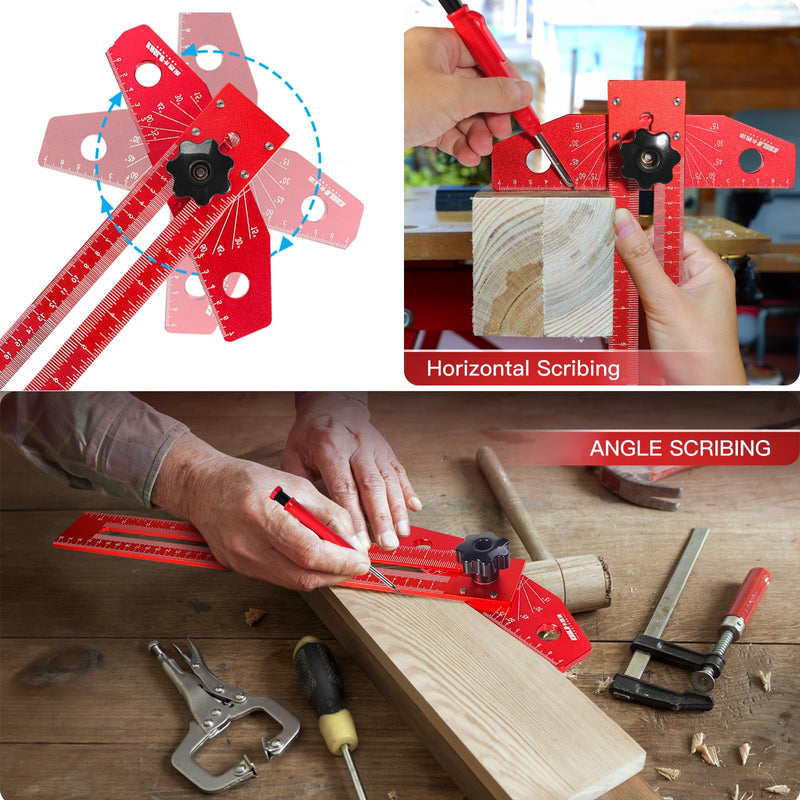 Woodworking Scriber Marking Line Ruler, Adjustable T-Square Ruler with Carpenter Pencil, Aluminum Alloy Sliding Woodworking Tools Precision Line Drawing Ruler with Angle Adjustment Scale
