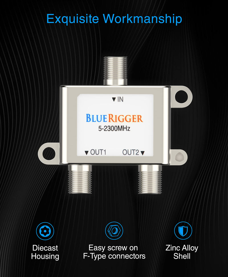 BlueRigger 2-Way Coaxial Cable Splitter 2 Pack (RG6 Two Way Mini Diplexer, F-Type, 2.3GHZ 5-2300MHz) Digital Signal Female Coax Splitter - Works with Satellite, Antenna, HDTV, Cable TV, Dish, CATV