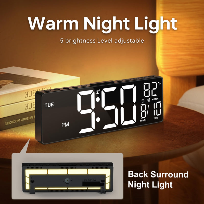 JALL 10.5'' Digital Large Alarm Clock with 8-in-1 RGB Colors, Date, Month, Temperature LED, Auto DST, Modern for Desk, Wall, Living Room, Bedroom, Birthday Xmas Gift (Black, 10.5 inches) Black